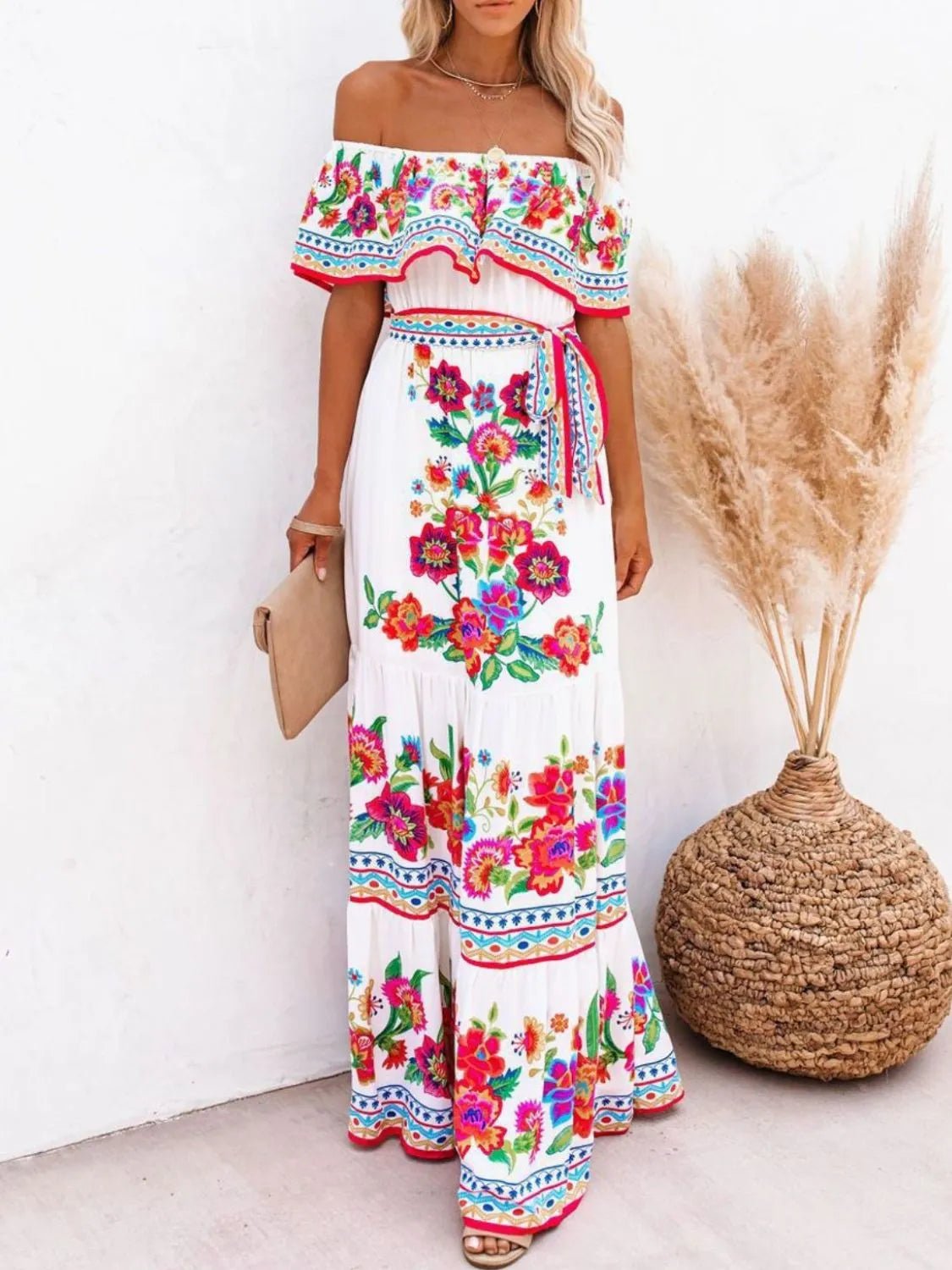 Floral Off Shoulder Ruffle Maxi Dress - adritiX