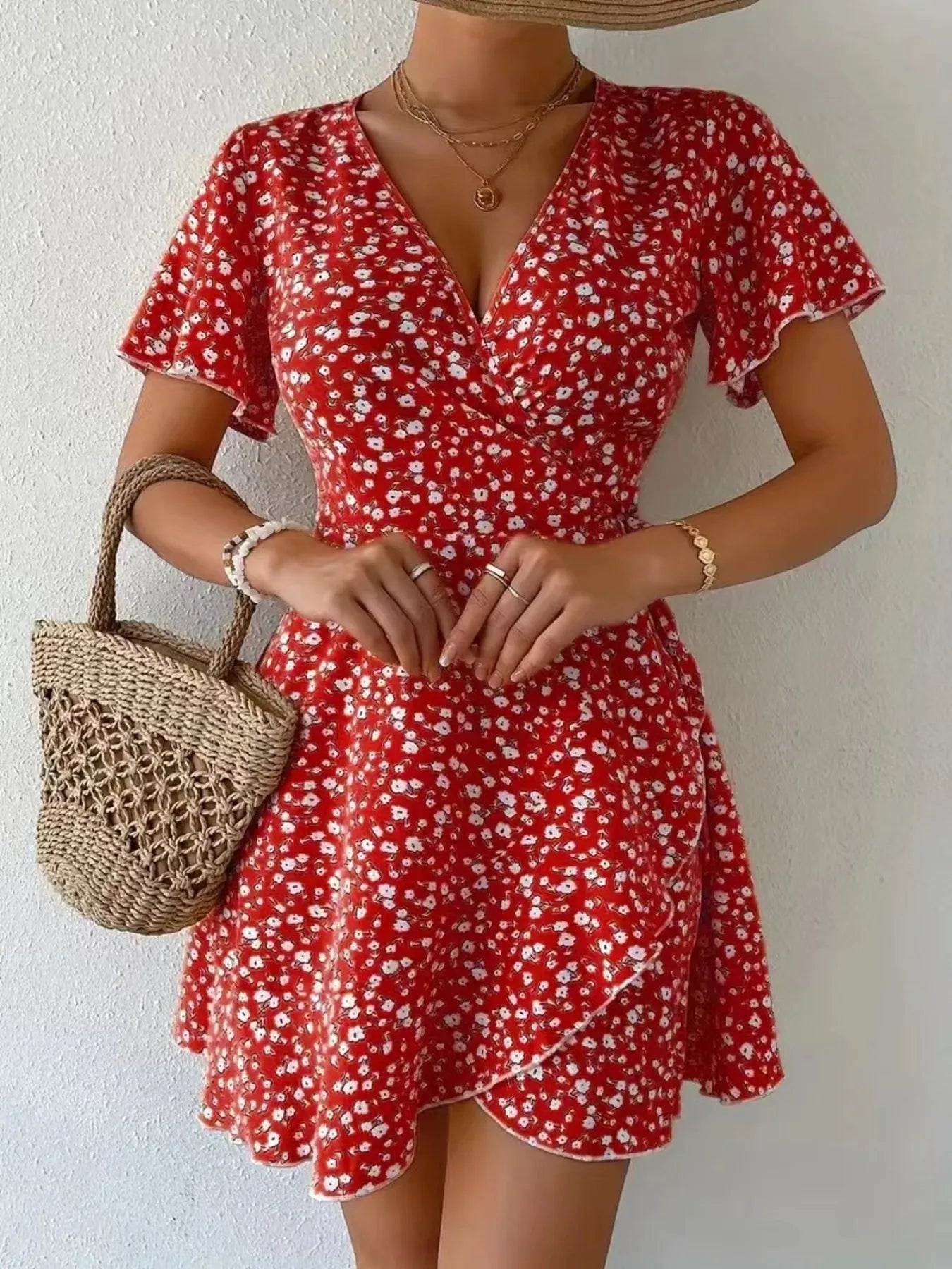 Floral Flutter Sleeve Wrap Mini Dress - adritiX