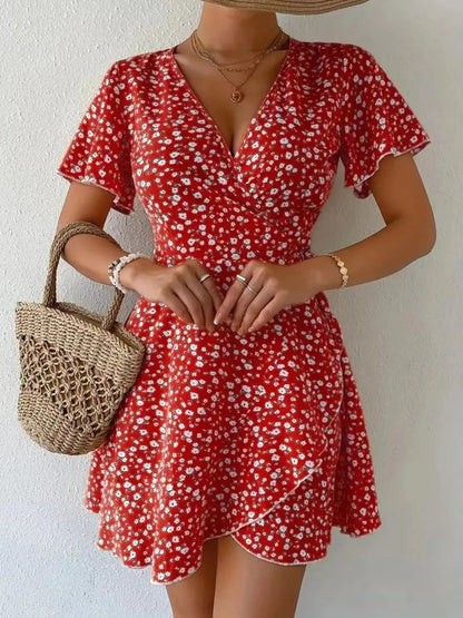 Floral Flutter Sleeve Wrap Mini Dress - adritiX