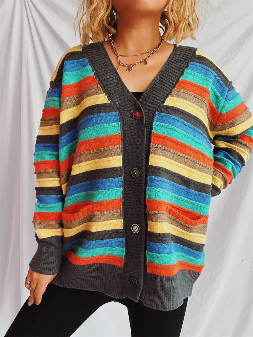 Contrast Stripes Button Up Long Sleeve Cardigan - adritiX