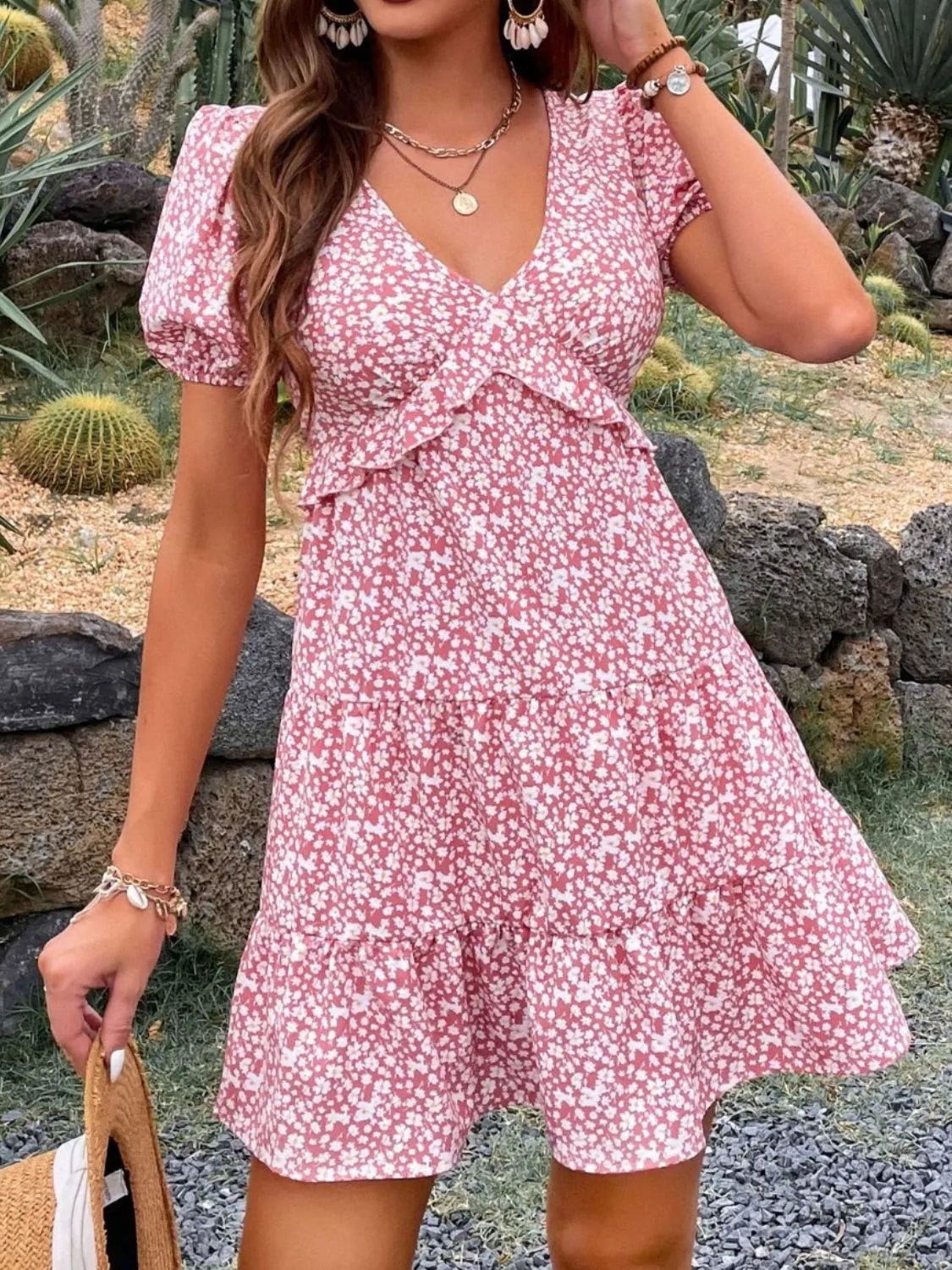 Floral Print Wrap Mini Dress with Puff Sleeves - adritiX