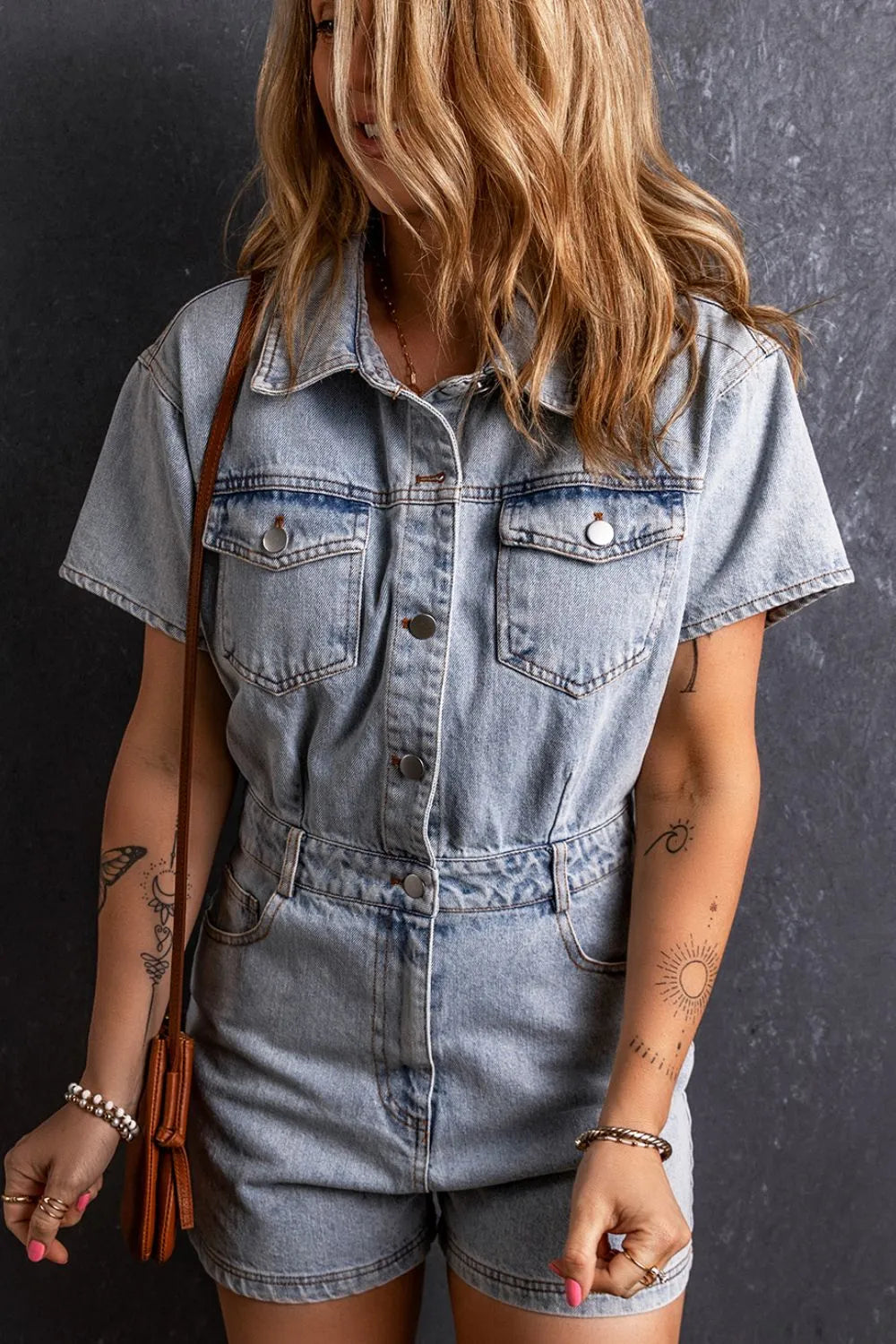 Elegant Washed Button Down Pocketed Denim Romper - adritiX