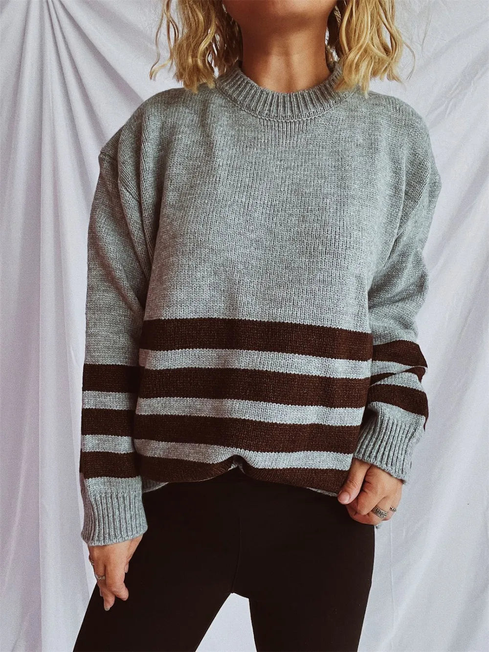 Striped Dropped Shoulder Long Sleeve Sweater - adritiX