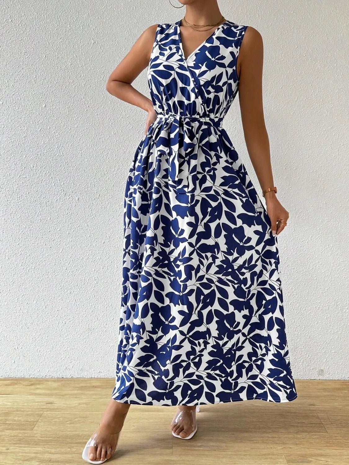 Printed Surplice Sleeveless Maxi Dress - adritiX