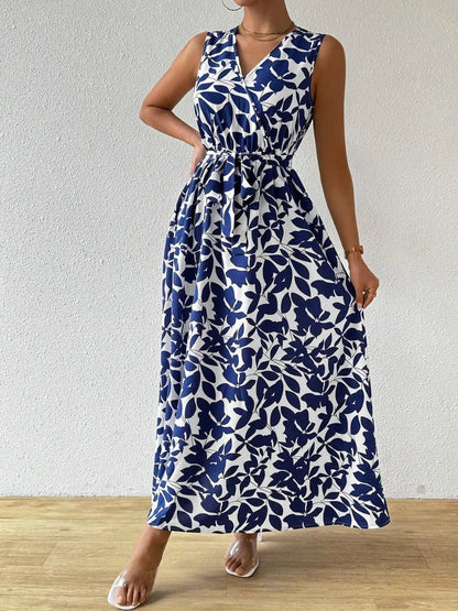 Printed Surplice Sleeveless Maxi Dress - adritiX