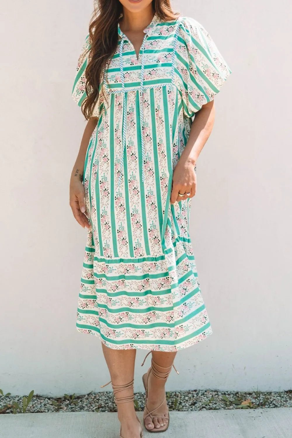 Striped Floral Print Tie Neck Puff Sleeve Midi Dress - adritiX