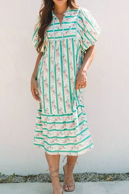 Striped Floral Print Tie Neck Puff Sleeve Midi Dress - adritiX