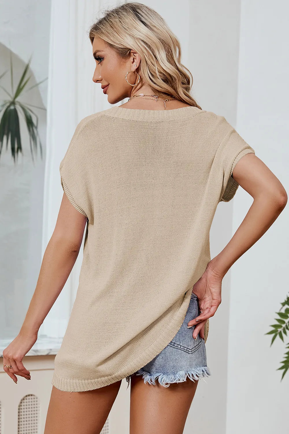 Color Block V-Neck Short Sleeve Knit Top - adritiX