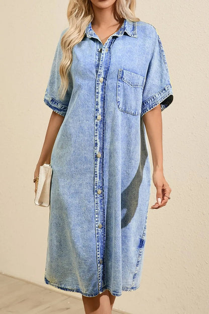 Oversized Button Down Denim Shirt Dress - adritiX