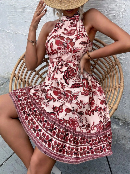 Floral Halter Neck Summer Dress with Belt - adritiX
