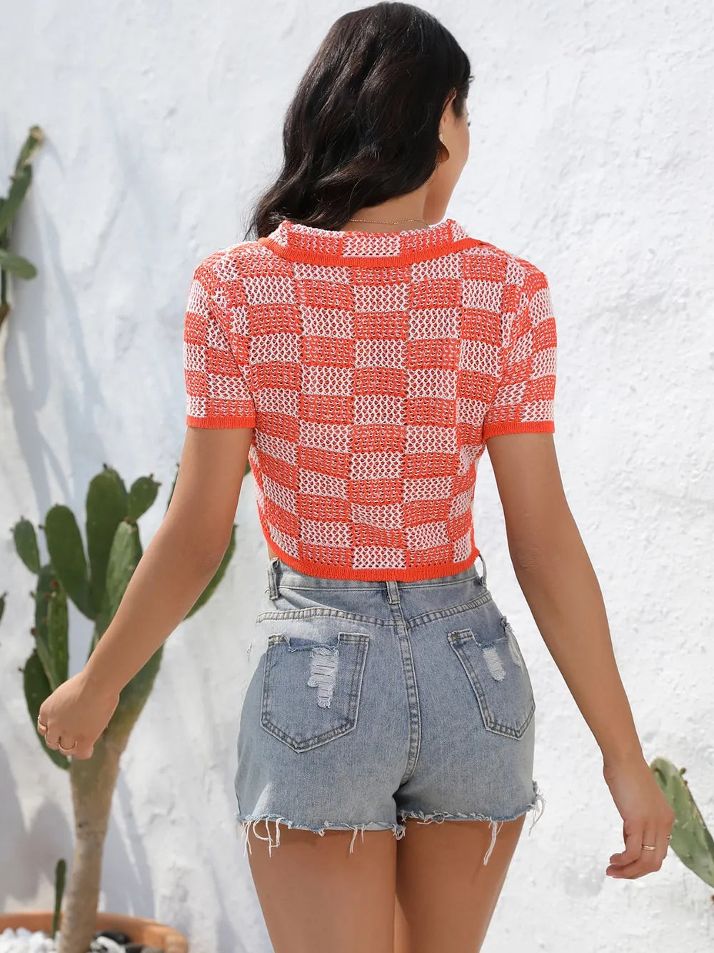 Angel Wings Plaid Button Up Short Sleeve Cardigan - adritiX