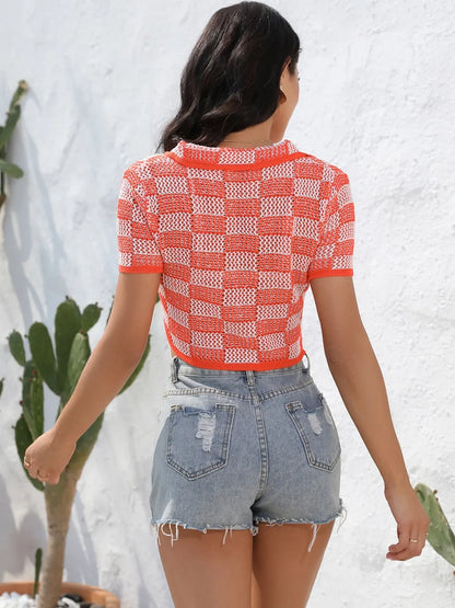 Angel Wings Plaid Button Up Short Sleeve Cardigan - adritiX