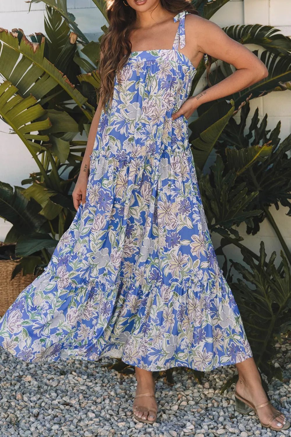 Floral Print Self-tie Straps Flowy Ruffle Dress - adritiX