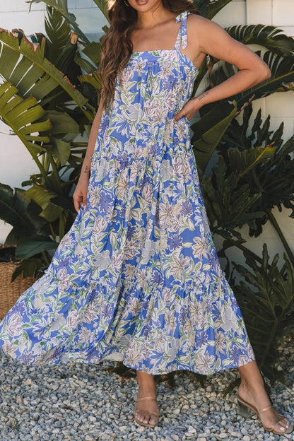 Floral Print Self-tie Straps Flowy Ruffle Dress - adritiX