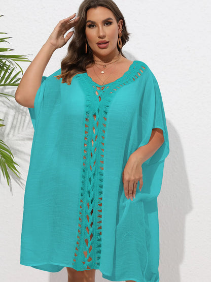 Crochet Trim V-Neck Beach Cover Up Dress - adritiX