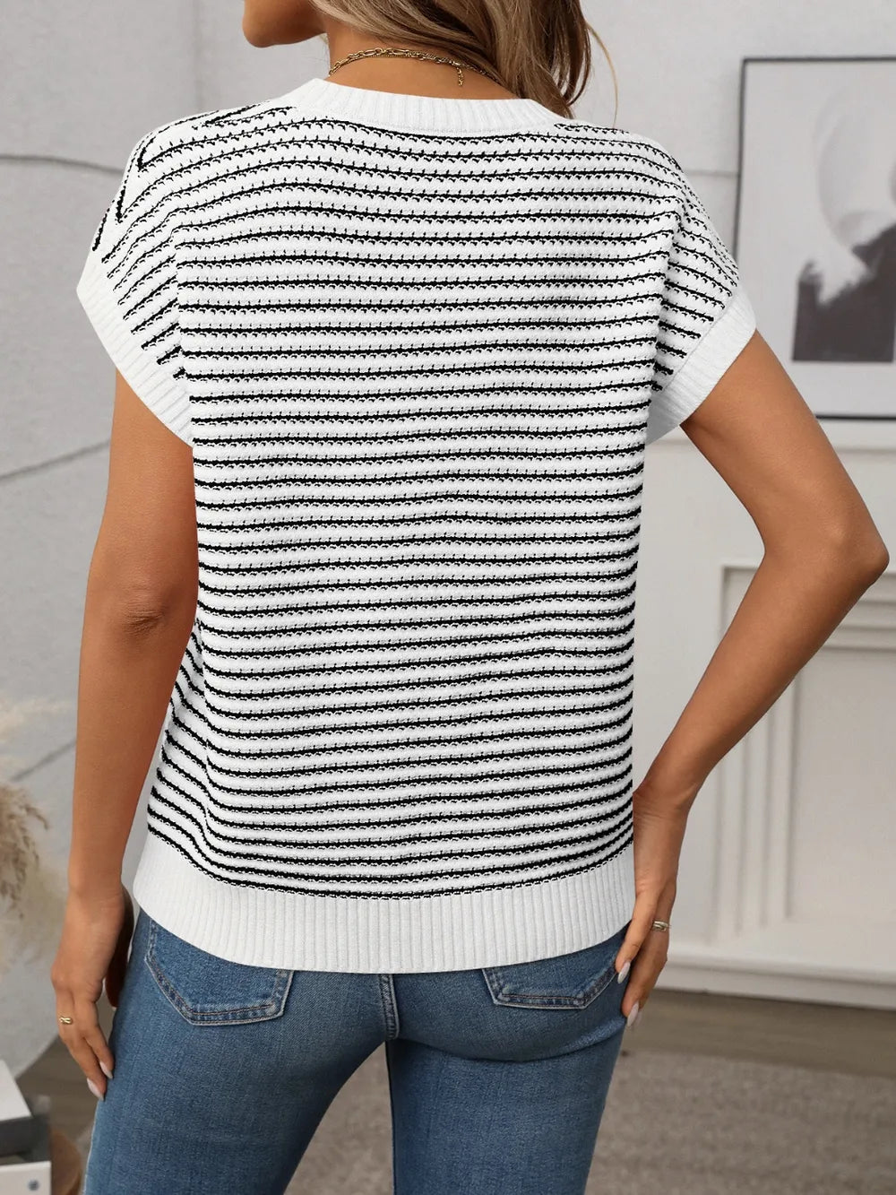 Striped Round Neck Short Sleeve Knit Top - adritiX