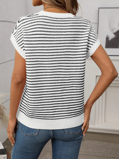 Striped Round Neck Short Sleeve Knit Top - adritiX