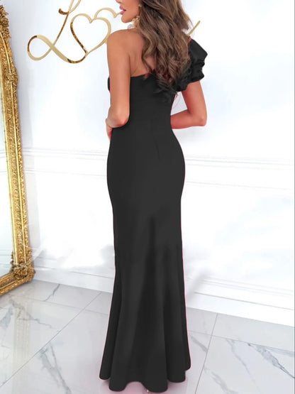 Cutout One Shoulder Ruffle Split Dress - adritiX