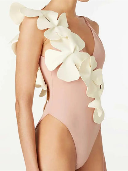 Contrast Flower Spaghetti Strap One-Piece Swimwear - adritiX