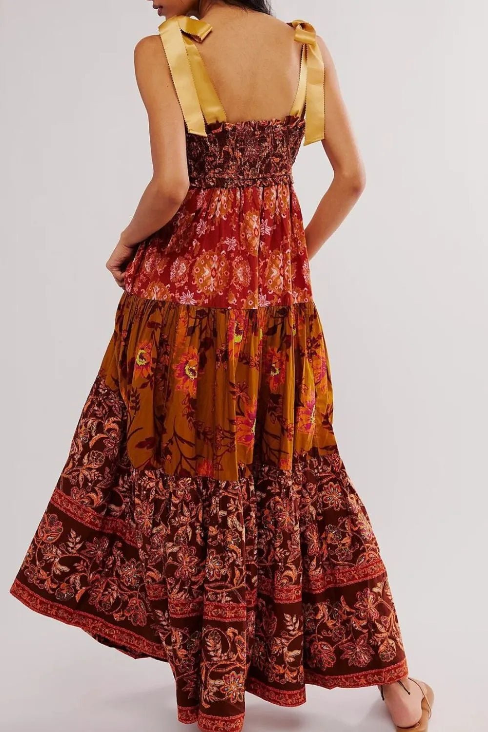 Floral Tiered Maxi Dress with Mixed Print Design - adritiX