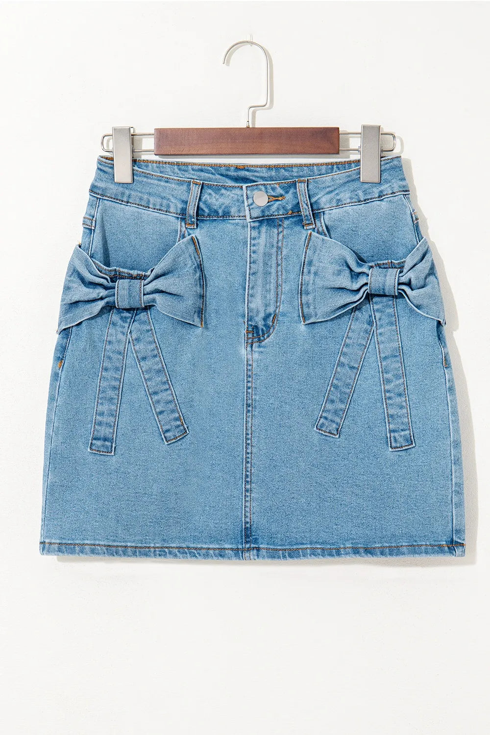 Acid Wash Bowknot Details High Waist Denim Skirt - adritiX
