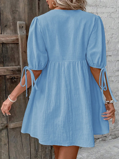 V-Neck Tie-Front Mini Dress with Puff Sleeves - adritiX