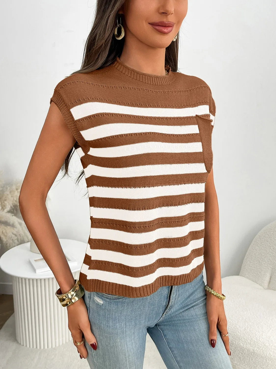 Striped Mock Neck Cap Sleeve Knit Top - adritiX