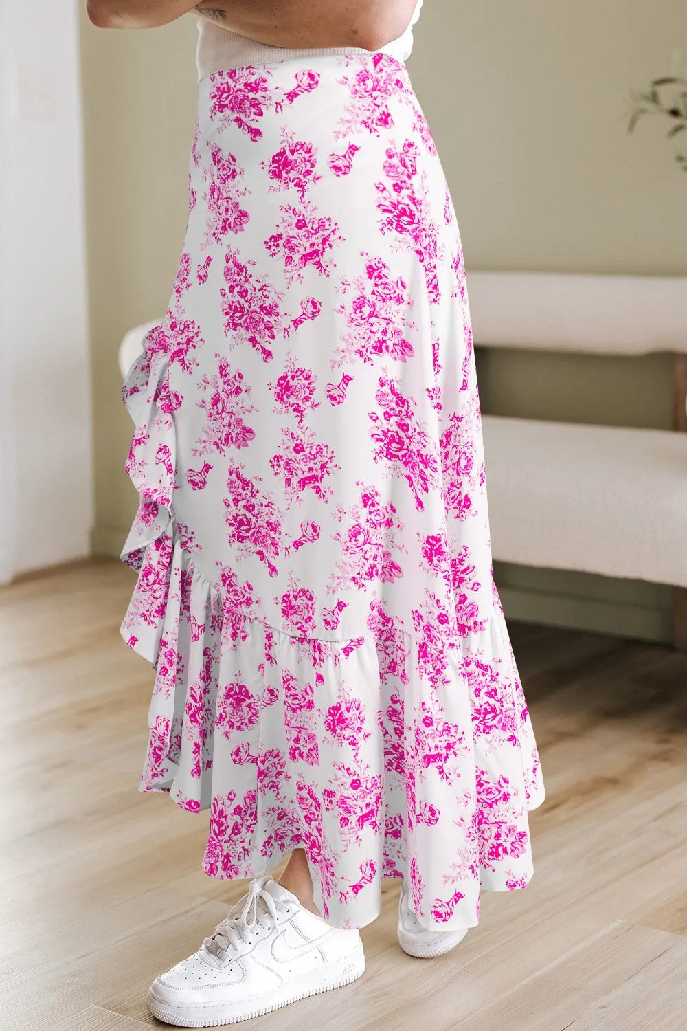 Boho Floral High Waist Ruffle Split Maxi Skirt - adritiX
