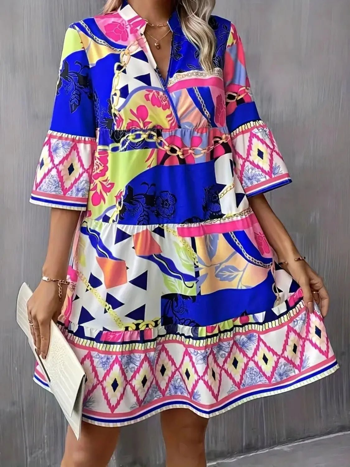 Printed Notched 3/4 Sleeve Tiered Dress - adritiX