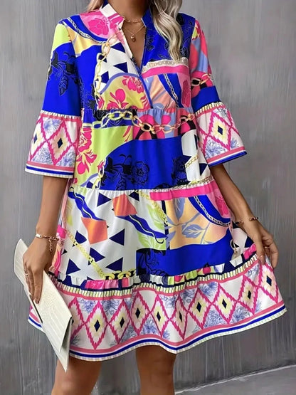 Printed Notched 3/4 Sleeve Tiered Dress - adritiX