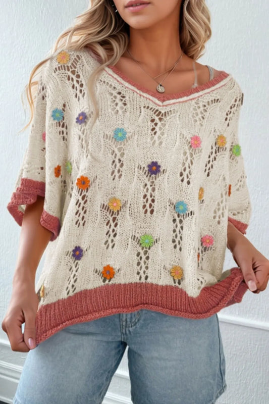 Openwork Flower Half Sleeve Knit Top - adritiX