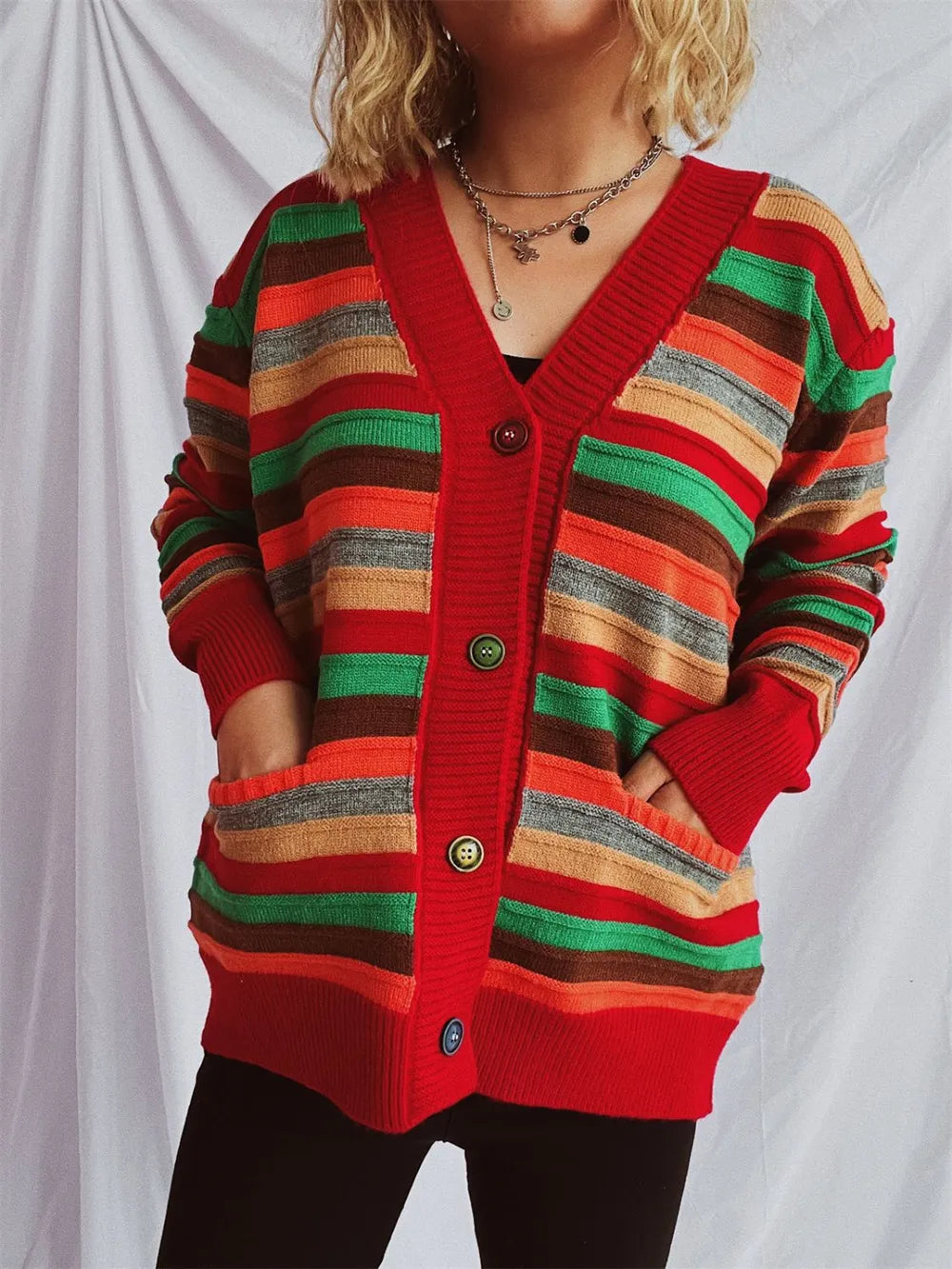 Contrast Stripes Button Up Long Sleeve Cardigan - adritiX