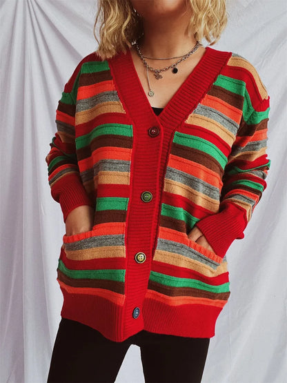 Contrast Stripes Button Up Long Sleeve Cardigan - adritiX