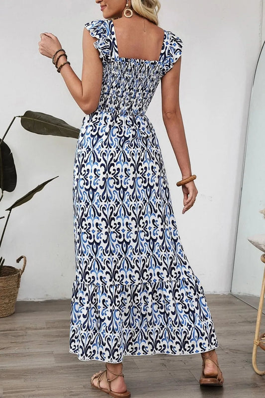 Smocked Printed Square Neck Dress - adritiX