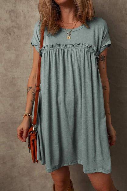 Frilled Gathered Seam Round Neck T Shirt Dress - adritiX