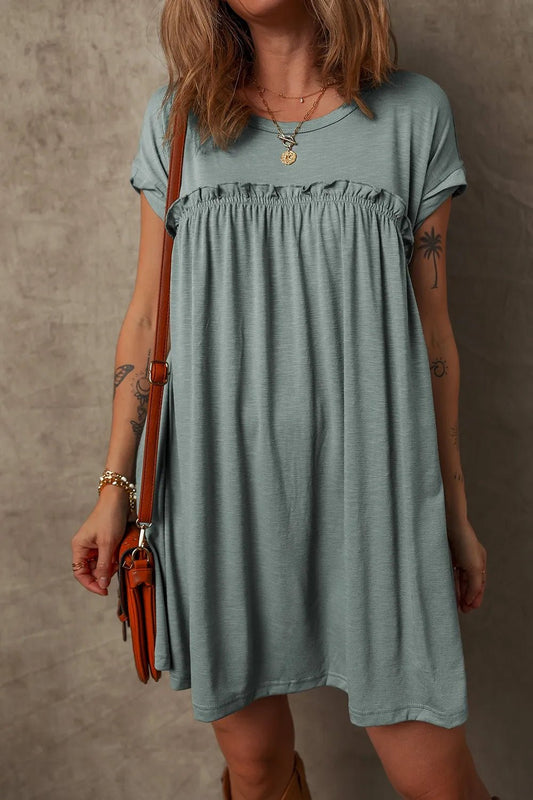 Frilled Gathered Seam Round Neck T Shirt Dress - adritiX