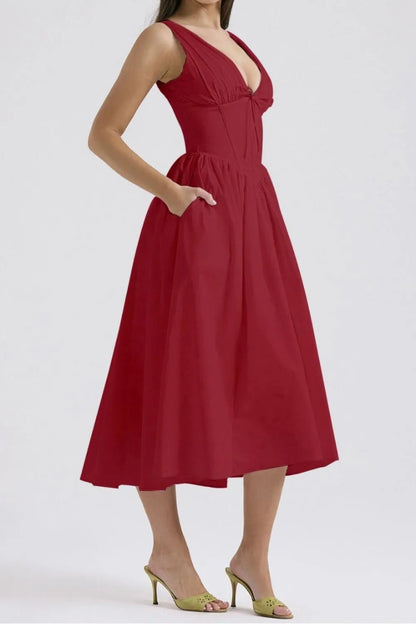 Chic & Sleek Ruched V-Neck Dress with Pockets – Effortless Style for Every Occasion - adritiX