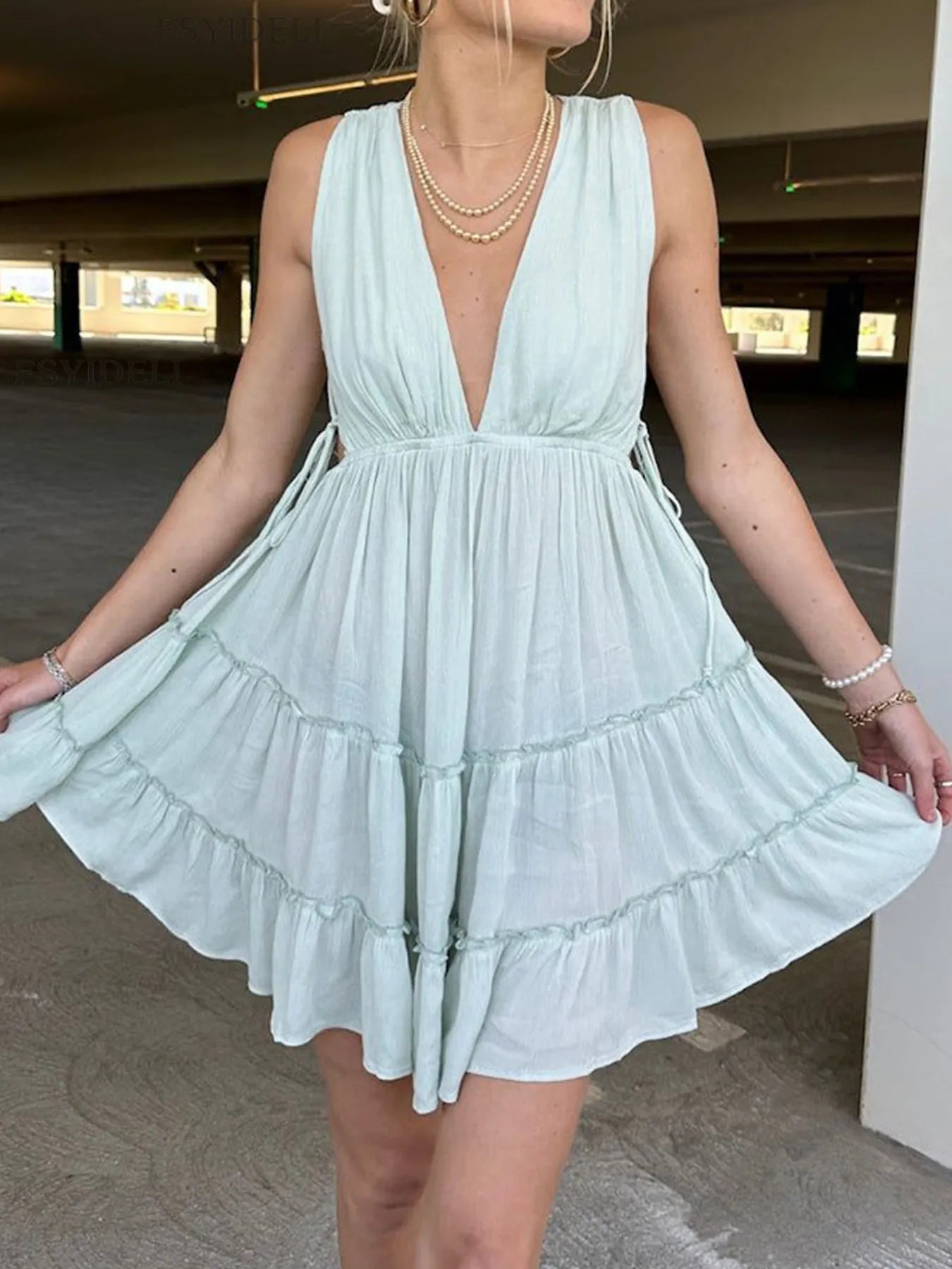 Deep V-Neck Tiered Mini Dress - adritiX
