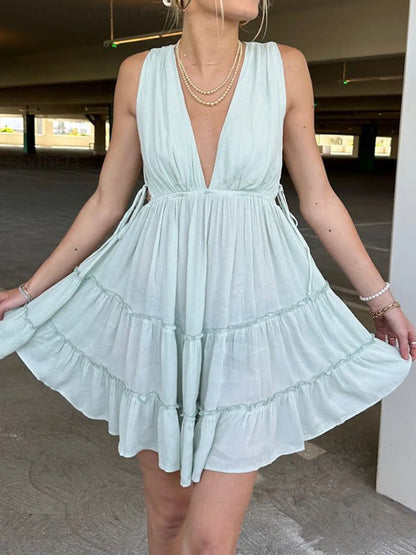 Deep V-Neck Tiered Mini Dress - adritiX
