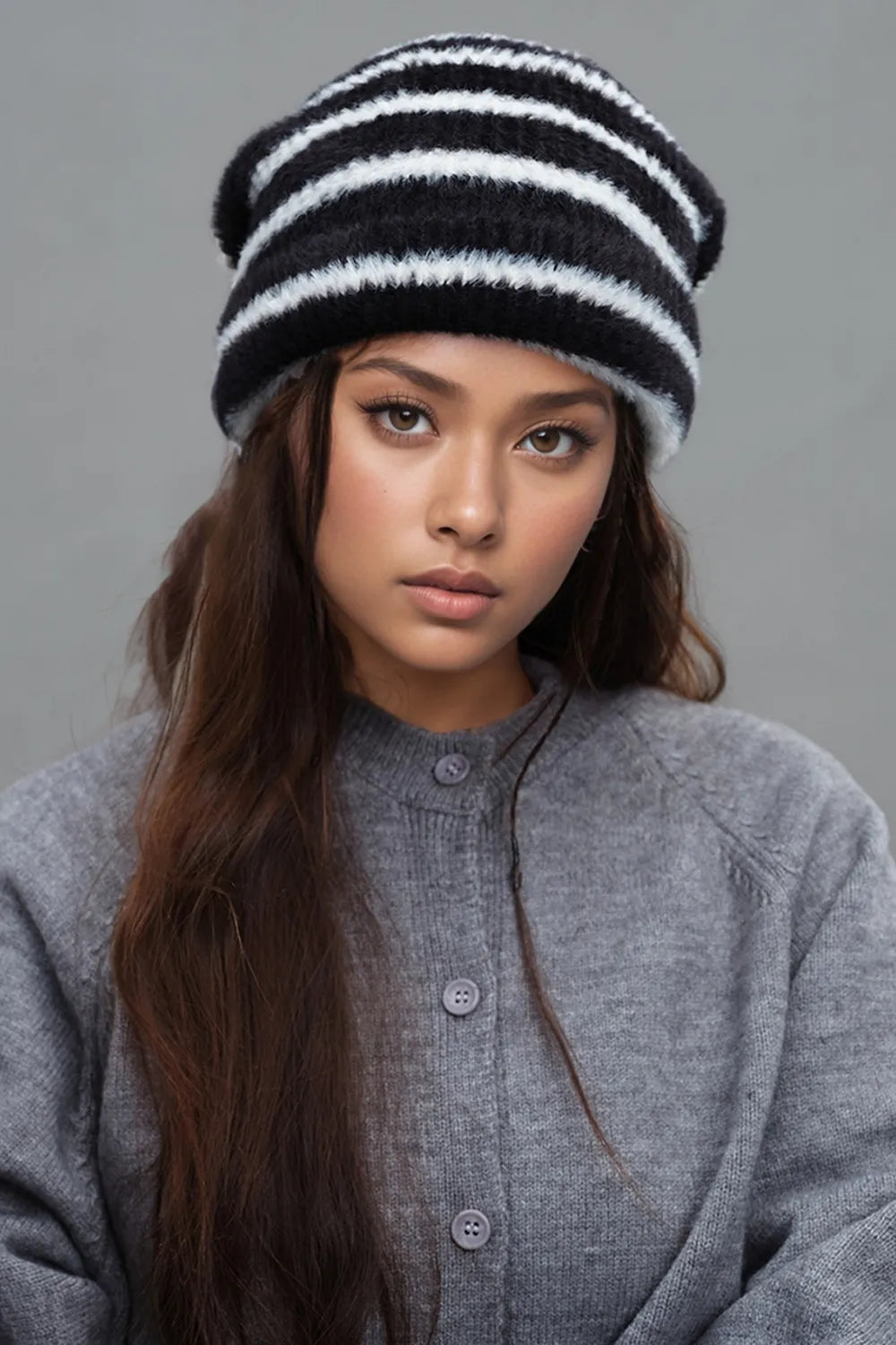 Fuzzy Contrast Striped Thermal Hat - adritiX