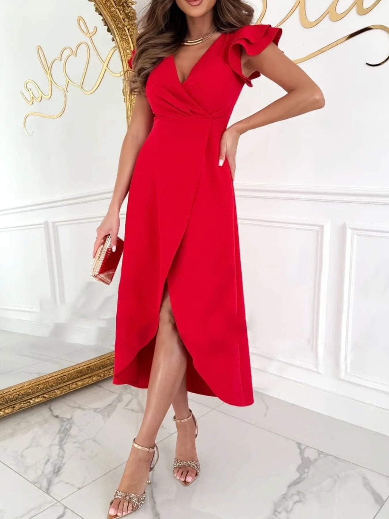 Surplice Ruffled Cap Sleeve Dress - adritiX
