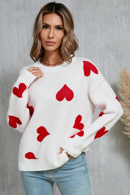 Angel Wings Heart Round Neck Dropped Shoulder Sweater - adritiX