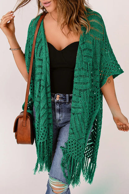 Openwork Open Front Cardigan with Fringes - adritiX