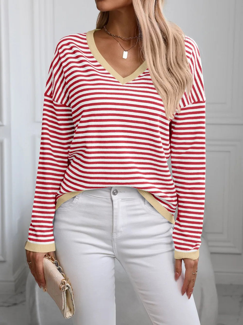 Contrast Trim Striped V-Neck Long Sleeve Knit Top - adritiX