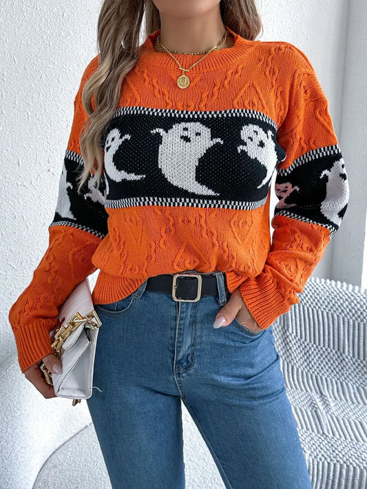 Ghost Round Neck Long Sleeve Sweater - adritiX