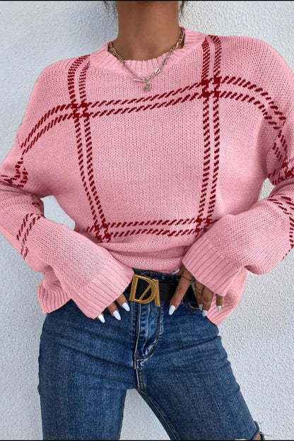 Contrast Round Neck Long Sleeve Sweater - adritiX