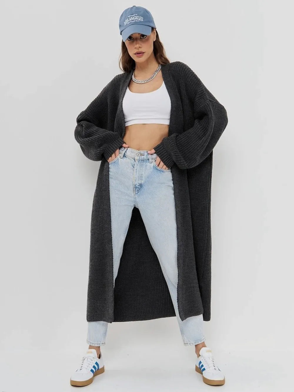 Open Front Long Sleeve Longline Cardigan - adritiX