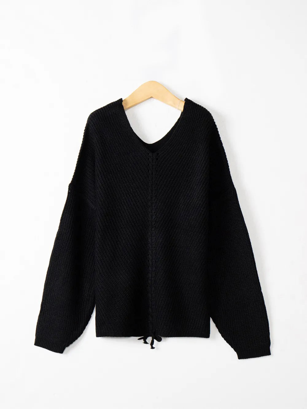 Full Size Lace Up V-Neck Long Sleeve Sweater - adritiX