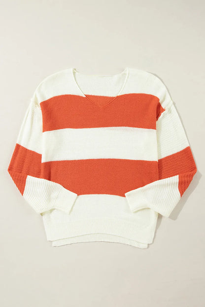 Color Block Dropped Shoulder V-Neck Sweater - adritiX