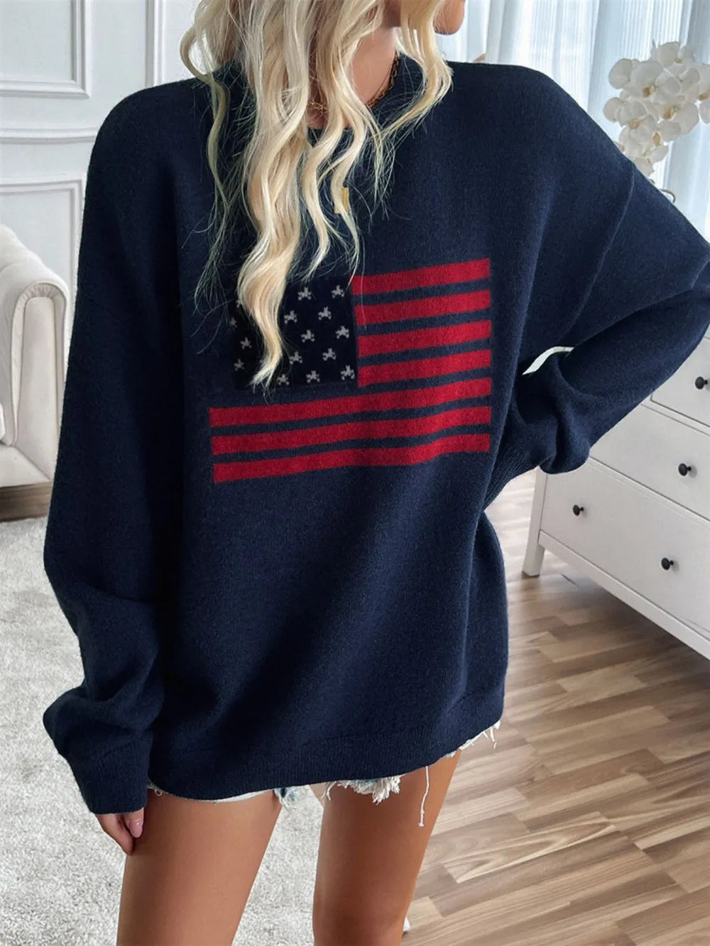 Devine US Flag Round Neck Long Sleeve Knit Top - adritiX